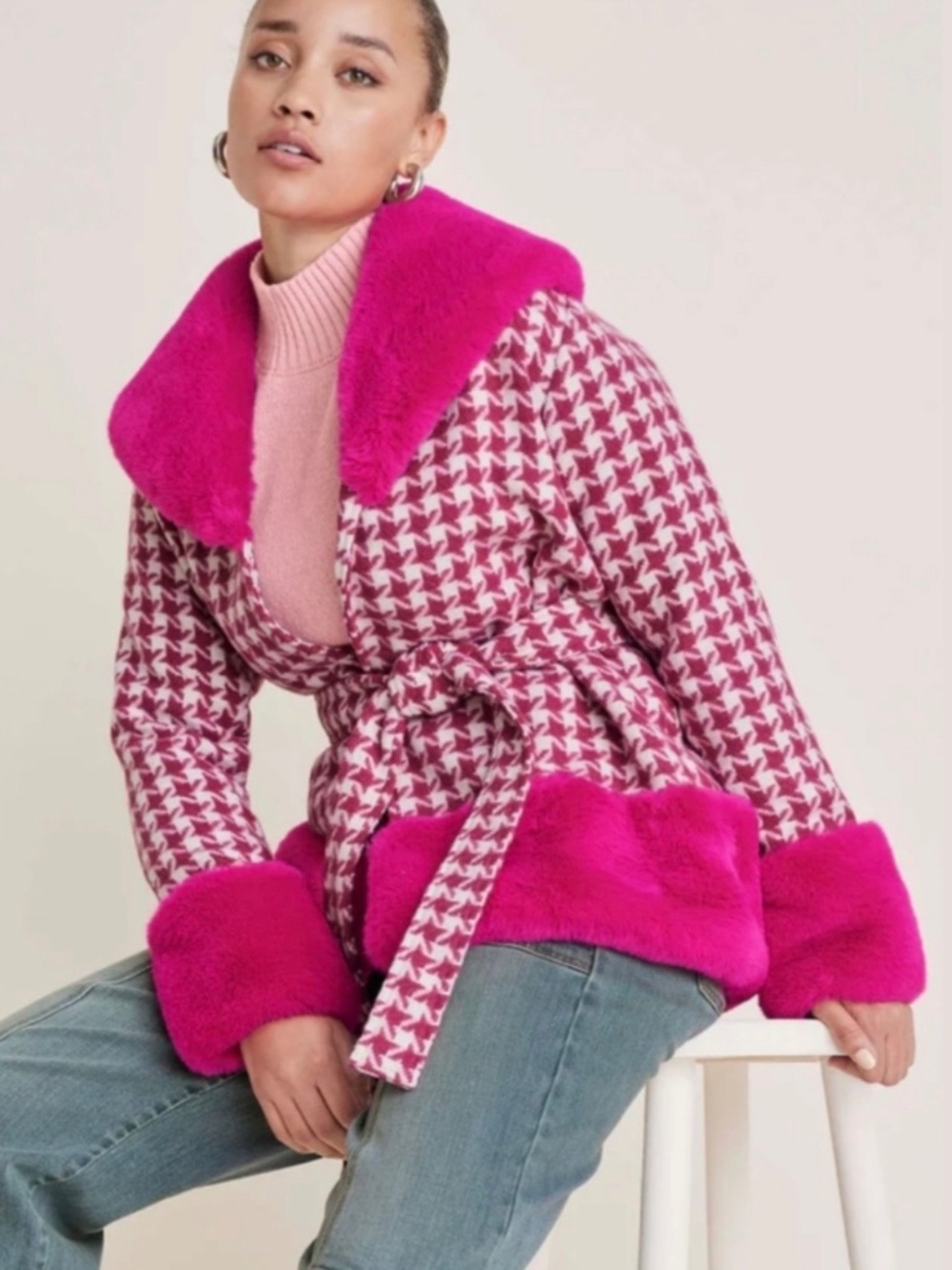 VENUS Printed Houndstooth Faux Fur Trim Coat Jacket NWT - Picture 3 of 9